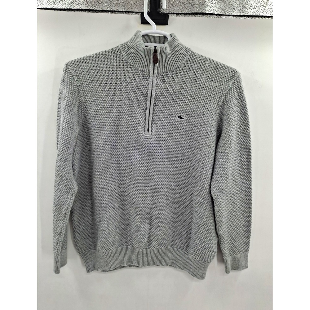 Vineyard Vines Men's M Gray Cotton Waffle-Knit 1/4 Zip Mock Neck Sweater